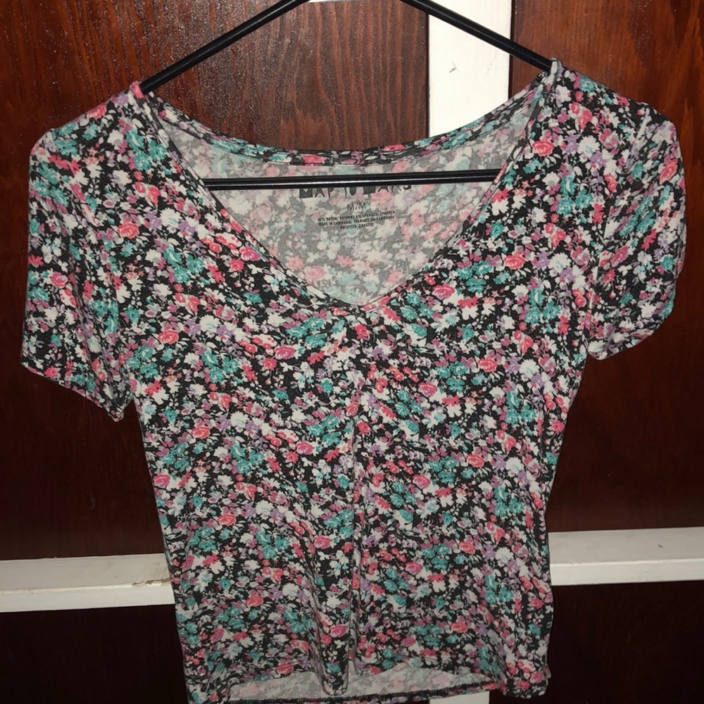 Black Map to Mars shirt with multicolor flowers